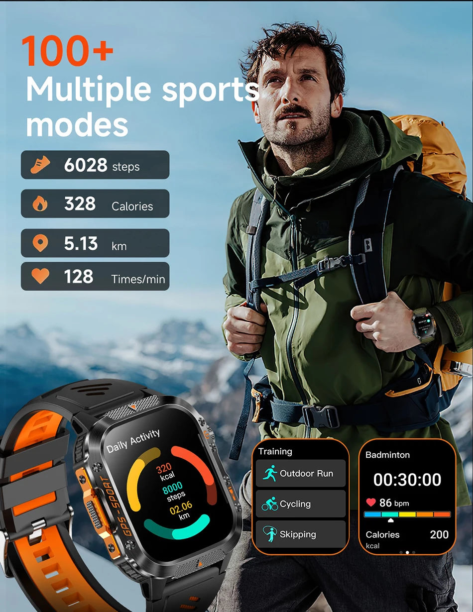 2025 New Military Outdoor Smart Watch Men's GPS Flashlight Bluetooth Call 2.01" AMOLED Screen 3ATM Waterproof Sports Smartwatch