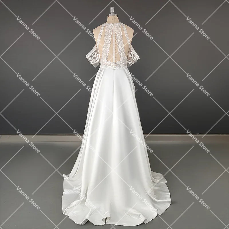 White Bridesmaid Dresses: Bohemian Cutout Lace Halter Wedding Dress A Line