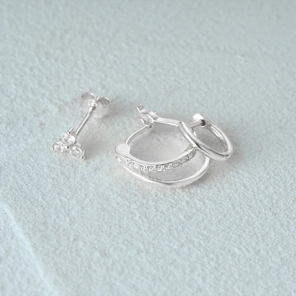 Aide 3pcs Set 925 Sterling Silver Double Gold Hoop Mini Zircon Stud Earrings For Women Hypoallergic Elegant INS Piercing Jewelry