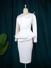 Women White Party Dress Long Sleeve Beading Mesh Patchwork