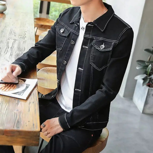 Male Jean Coats Black Button Men's Denim Jacket Short Casual Slim Low Price One Piece