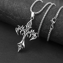 Classic Steel Warrior Men's Cross Amulet Necklace Fashion Flame Christian Simple