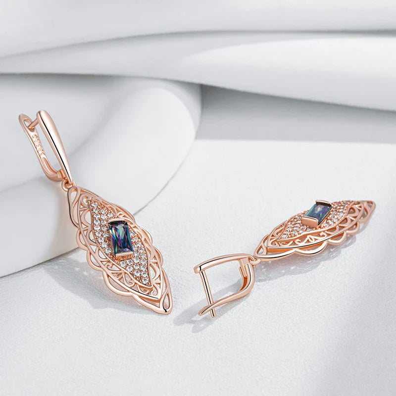 Kienl Hot 585 Rose Gold Color Flower Dangle Earrings for Women Square Colorful Natural Zircon Accessories Daily Fine Jewelry