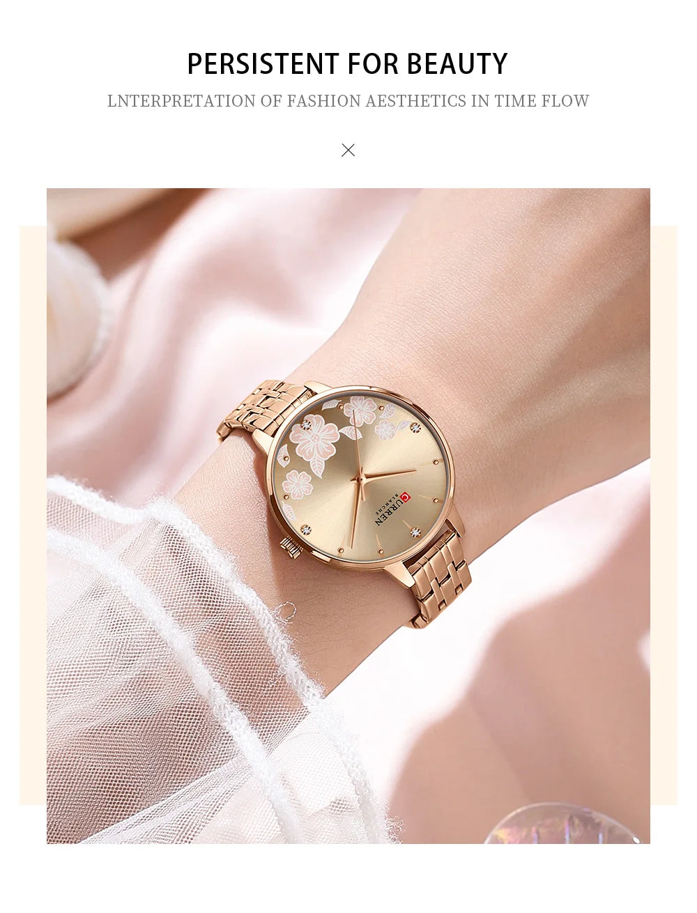 CURREN Fashion Quartz Wristwatches for Women Simple Stainless Steel Watch Bracelet with Flower Design Dial