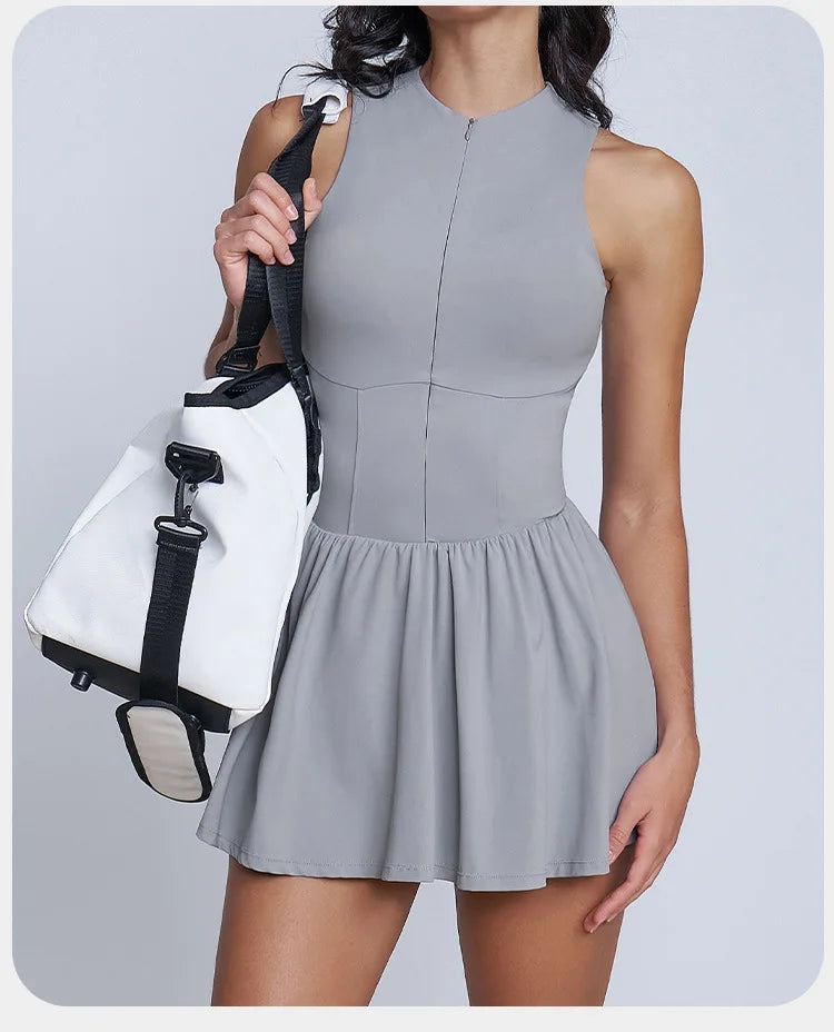 BIANHUI Women's Summer Sundress Fake Two-Piece Stand Collar Dress Running Anti-Exposure Base Layer A Flared Tennis Skirt