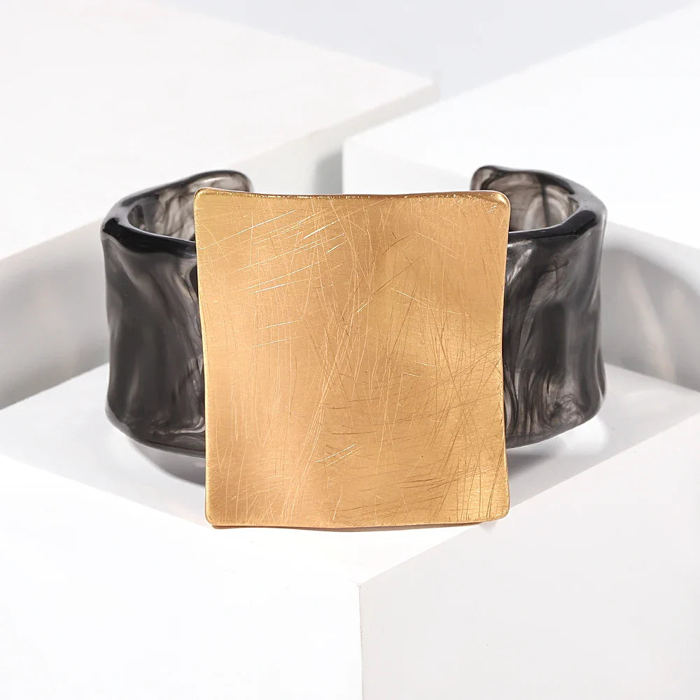 Greatera Metal Brushed Exaggeration Personality Geometric Drawn Square Convex Circular Opening Bracelet Transparent Cuff Bangle