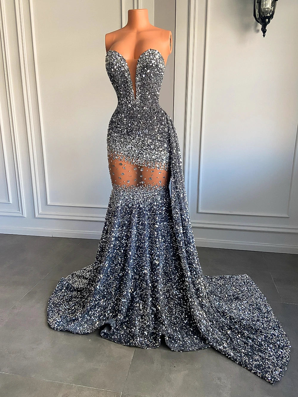 Homecoming Dresses: Prom Dresses Luxury Silver Diamond Crystals Prom Gowns
