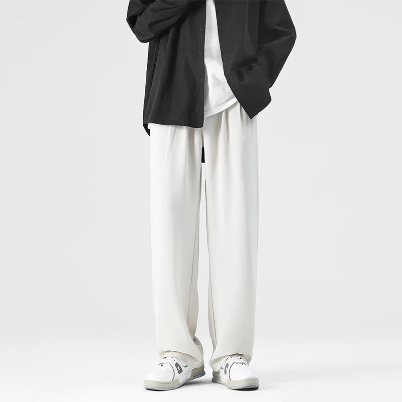 Men Pants Pleated Stretch Waist Casual Baggy Long Trousers Black Beige Fashion