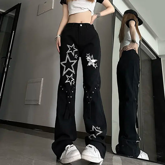 Micro-La American Star Jeans Female ins Trend Joker Y2k High Waist Slim Loose Pant