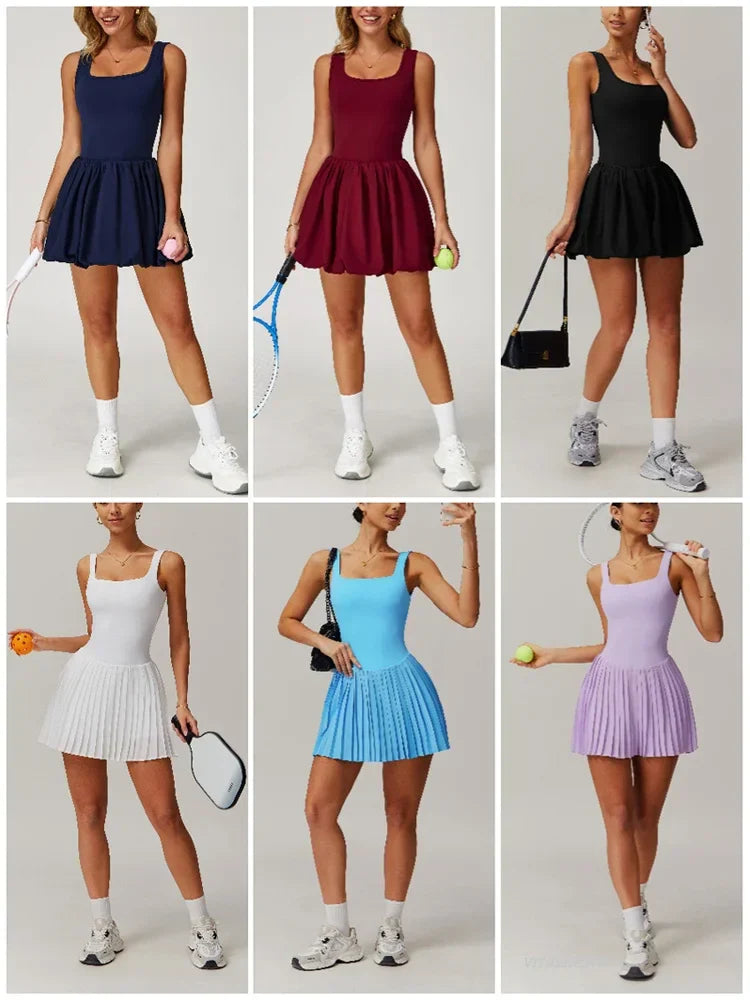 VITALINOVO Workout Tennis Dress with Built in Shorts Square Neck Padded Workout Dress with Pockets Golf Athletic Mini Dresses