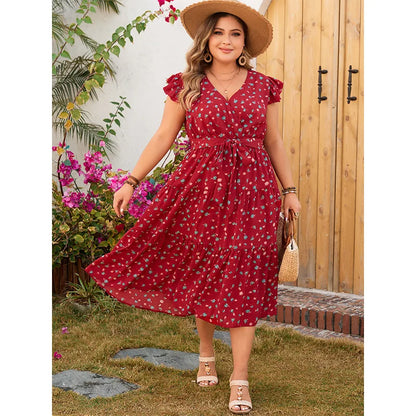 Plus Size Ruffle Cap Sleeves Wrap V Neck Swing Midi Dress Waist Belt A Line Tiered Print Boho Robe Summer Beach Sundress