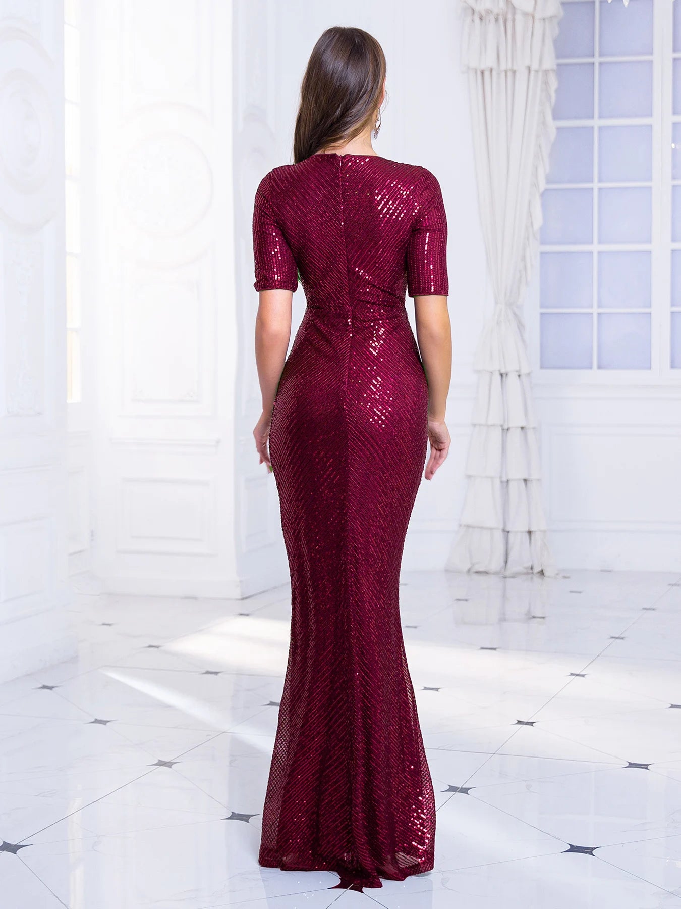 Homecoming Dresses: Half Sleeve Sweetheart Neck Sequined Maxi Dress Evening