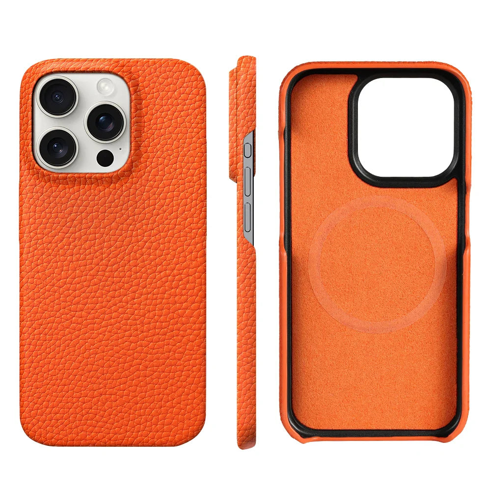 for Magsafe Case for iPhone 17 15 16 Pro Max Air 17Pro Natural Cowhide Lychee Leather Magnetic Protector Luxury Phone Back Cover