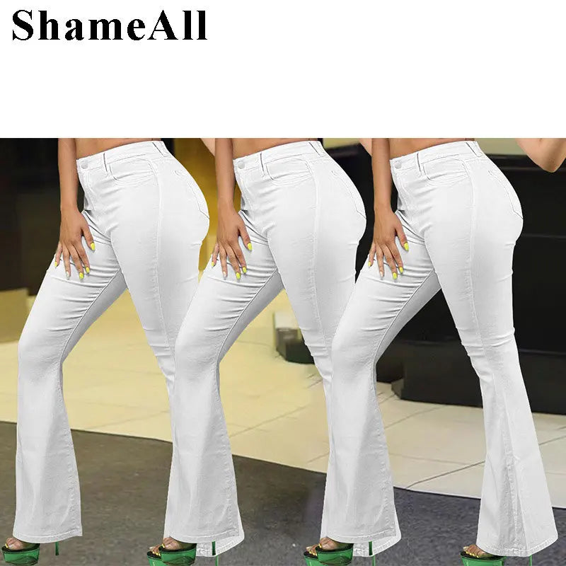 Plus Size Loose Comfortabl White Flare Jeans 3XL Streetwear Women High Waist Stretchy