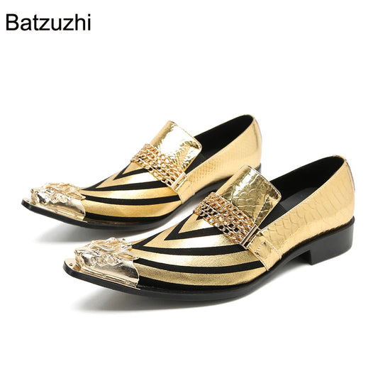 Batzuzhi Grey/Gold Formal Business, Party Shoes Men Luxury Italian Men's Shoes Pointed Metal Toe Leather Dress Shoes Men