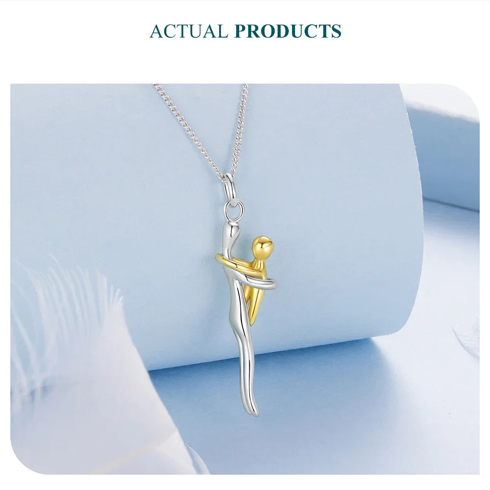 WOSTU Real 925 Sterling Silver Hug Embrace Pendant Necklace Silver Gold Two-tone Mom & Child Pendant Family Gift  Mom Jewelry