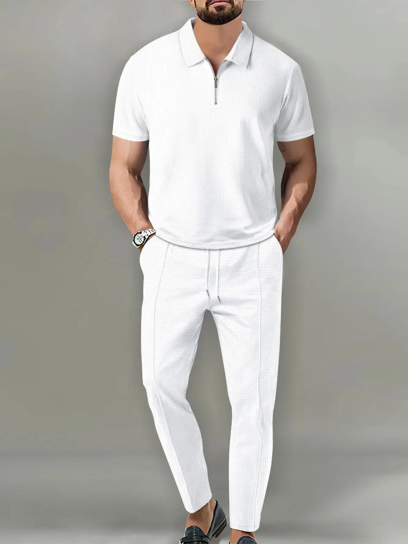 2024 New Trend Men's Sport Suit Autumn New Mens Suits Solid Color Waffle Lapel Short Sleeve Zipper Pants Set for Men
