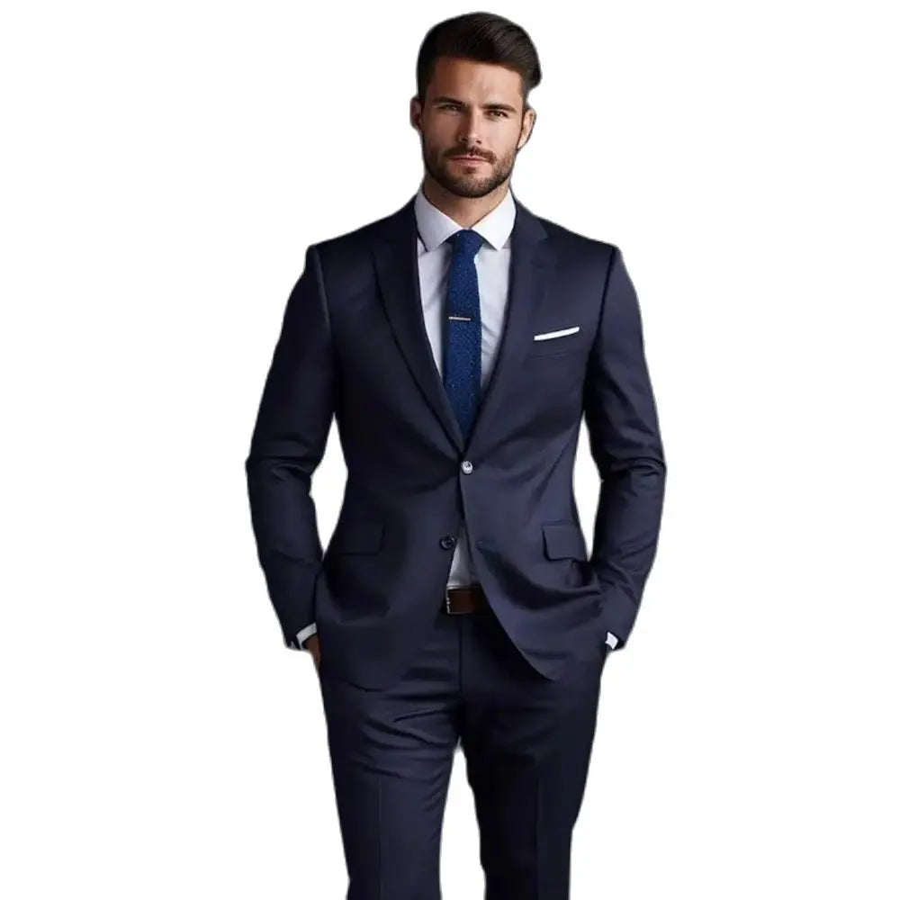 Navy Blue Solid Men Suits Fashion Notch Lapel Single Breasted 2 Piece