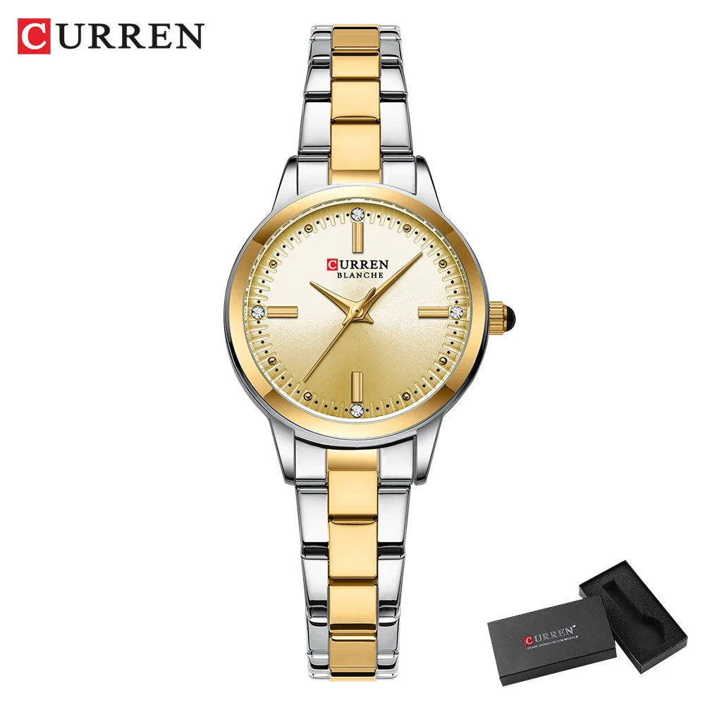 CURREN Simple Round Dial Fashion Dress Quartz Watches for Ladies with Stainless Steel Bracelet Luxury Wristwatches