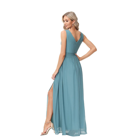 Women Chiffon Long Party Dress V-neck Sleeveless Evening Dress