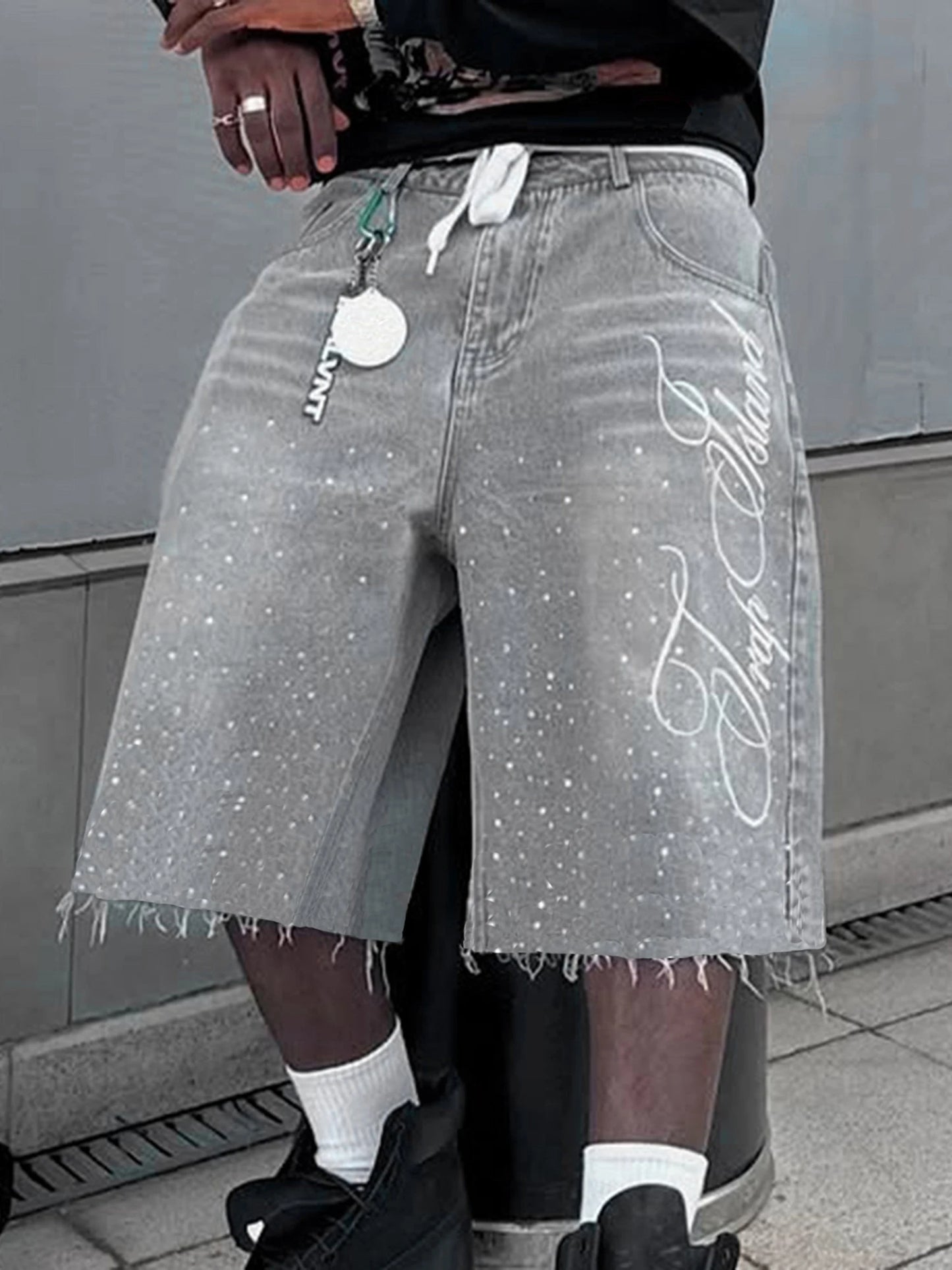 Men s Stylish Knee-Length Denim Shorts with Embroidered Logo and Rhinestone Detailing for Summer Casual Wear