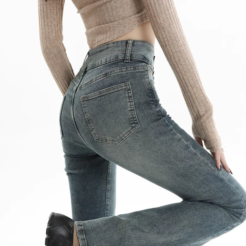 Vintage Women's Fleece Thickened Flare Jeans Winter Warm Fashion Korean Y2K