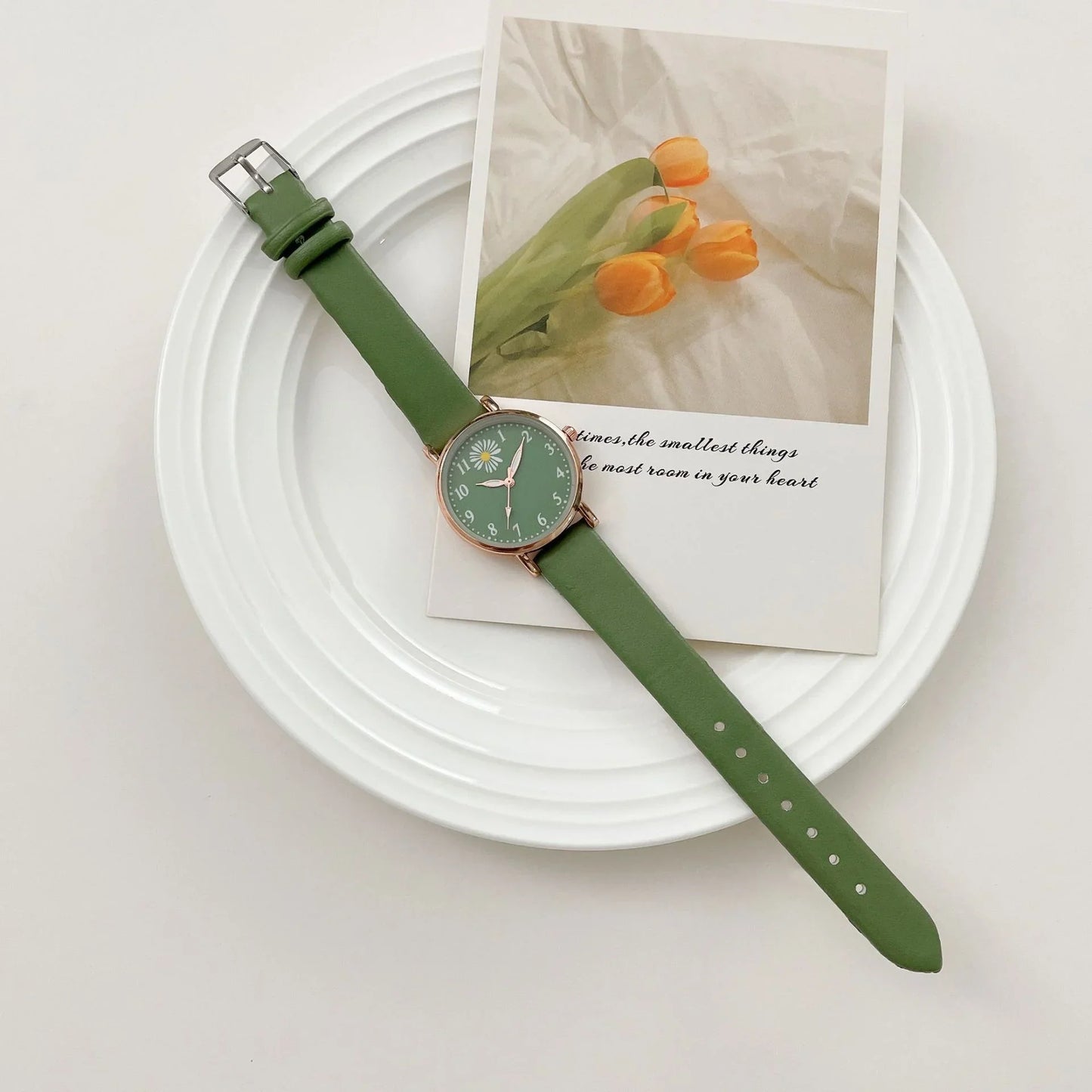 1pc Round Pointer Quartz Watch Cute Daisy Charm Electronic Wristwatch With PU Leather Strap & 1pc Bracelet, Best Gift For Her