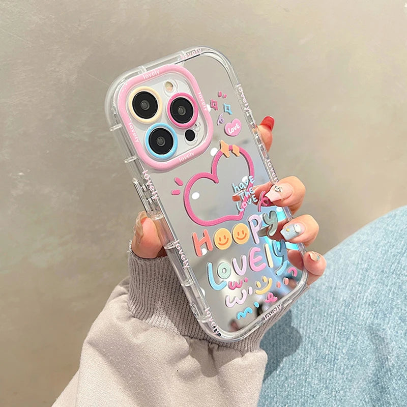 Lovely Girl Heart Mirror Phone Case For iPhone 11 12 13 14 15 16 Pro Max Shockproof