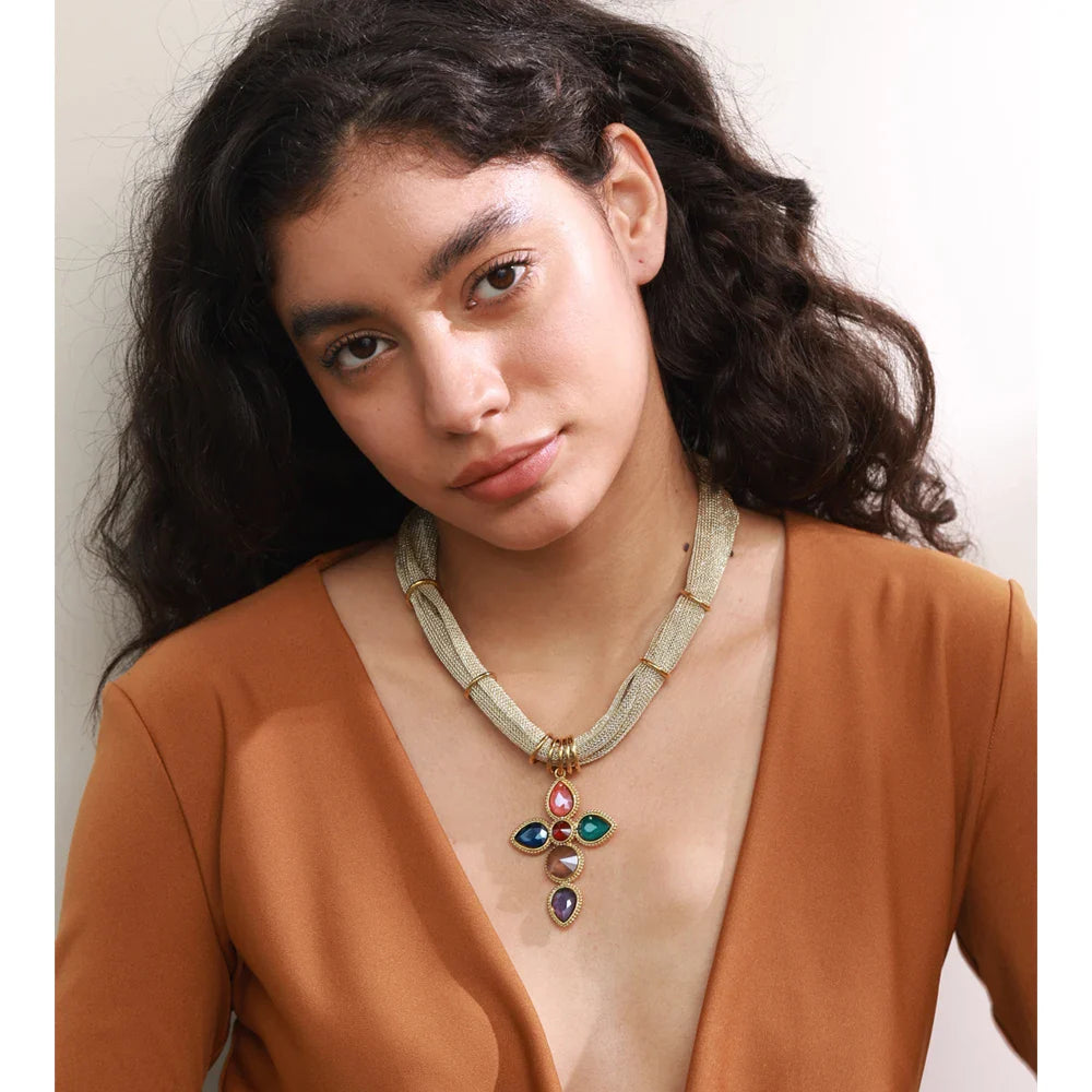 Yhpup White Colorful Shiny Glass Cross Pendant Necklace for Women Stainless Steel Polyester Chain Exquisite Jewelry Gift