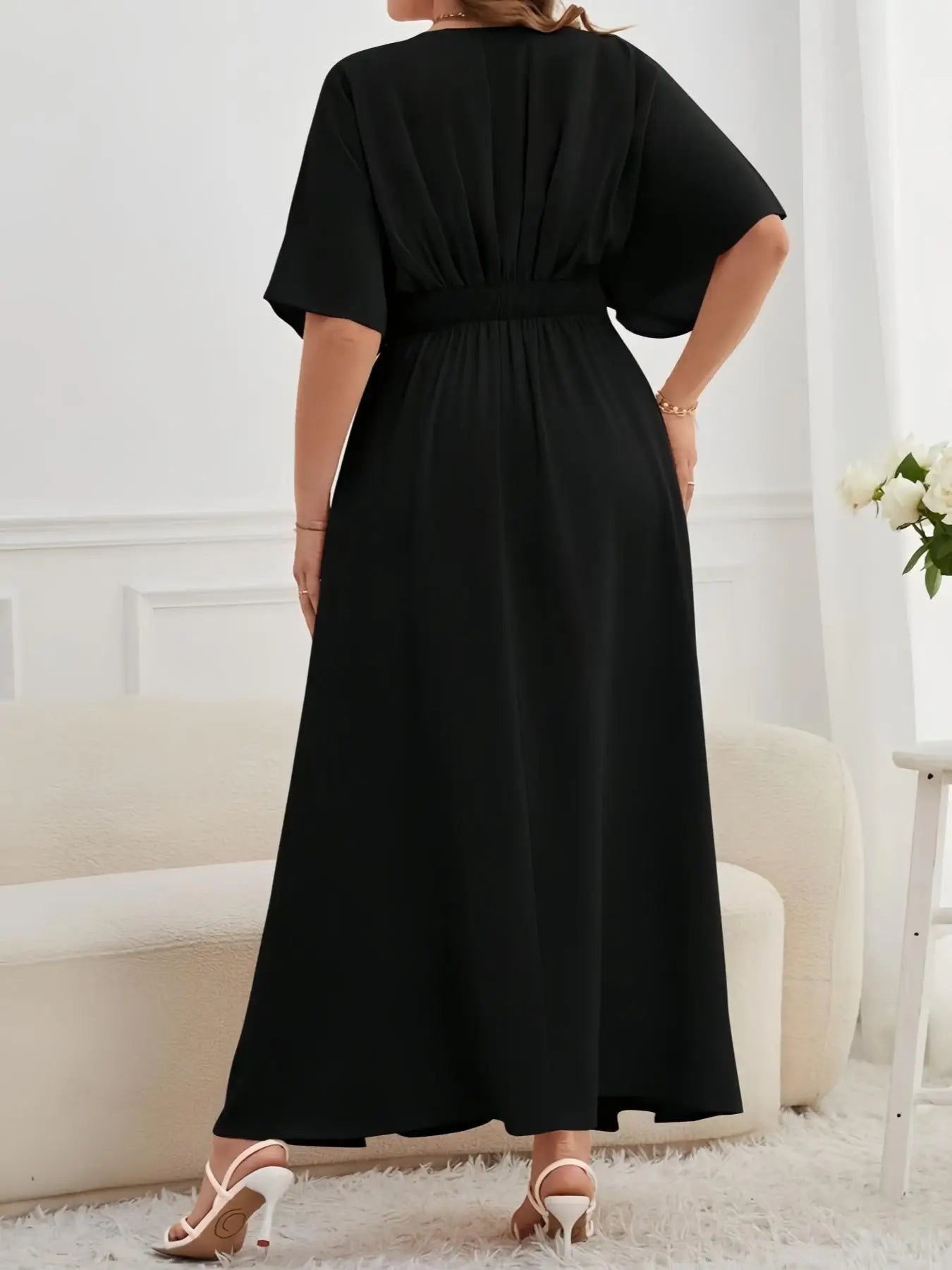 Elegant Oversize Maxi Dress Women Short Sleeve V-neck A-line Clothes Summer Plus Size Loose Lady Black Casual Dresses