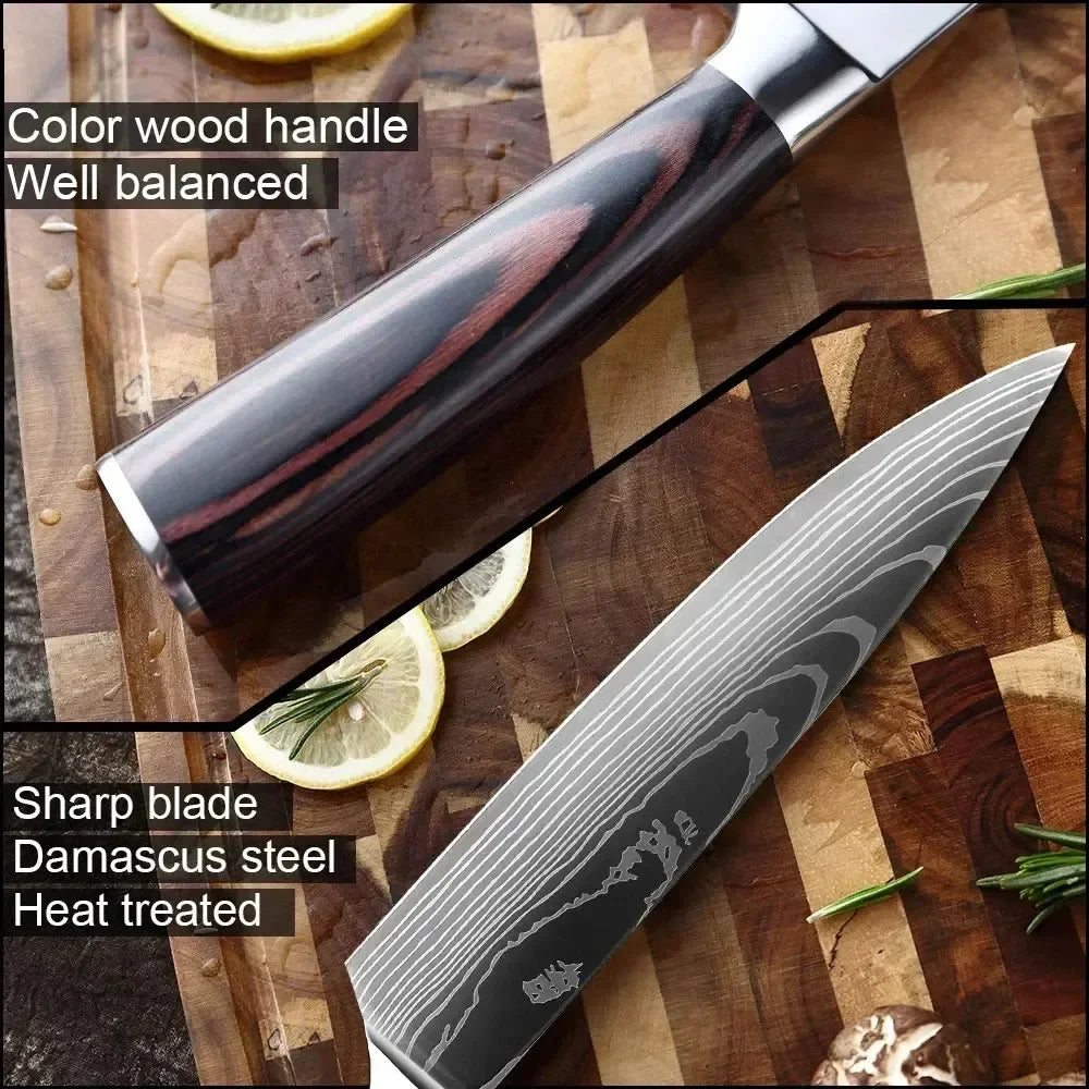 Professional Damascus Kitchen Knives Japanese Santoku Cleaver Slicing Knife Stainless