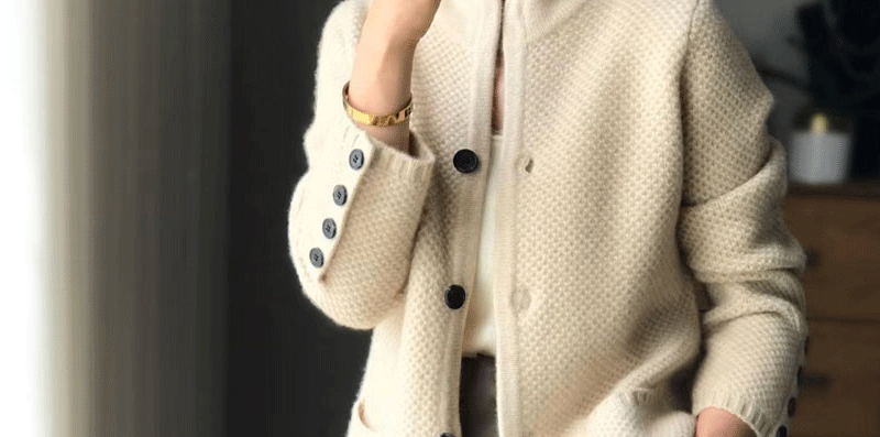 Autumn Winter Thickened 100% Cashmere Wool Cardigan Women Stand Neck