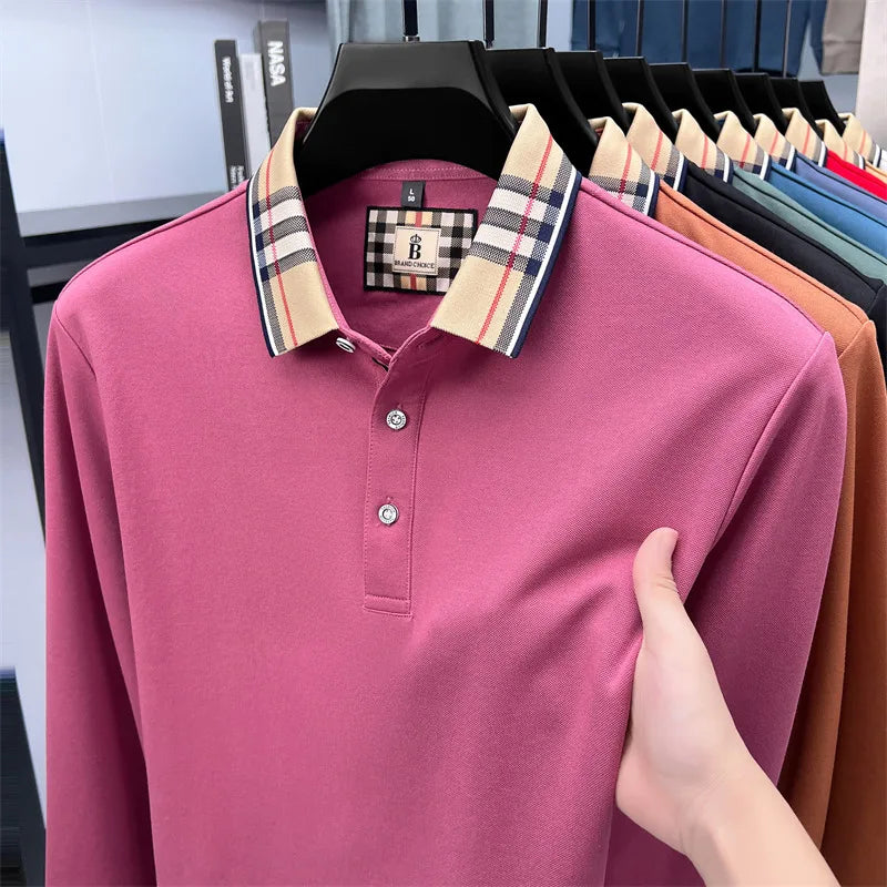 Men's Plaid Long Sleeve Polo Shirt Autumn Winter Casual Office Outdoor Fashion Top Commercial Collar Trendy Men's Clothing