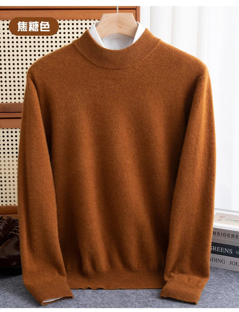 Fashion Men's 100% Wool Pullover Half-high Collar Sweater Autumn Winter Warm Top