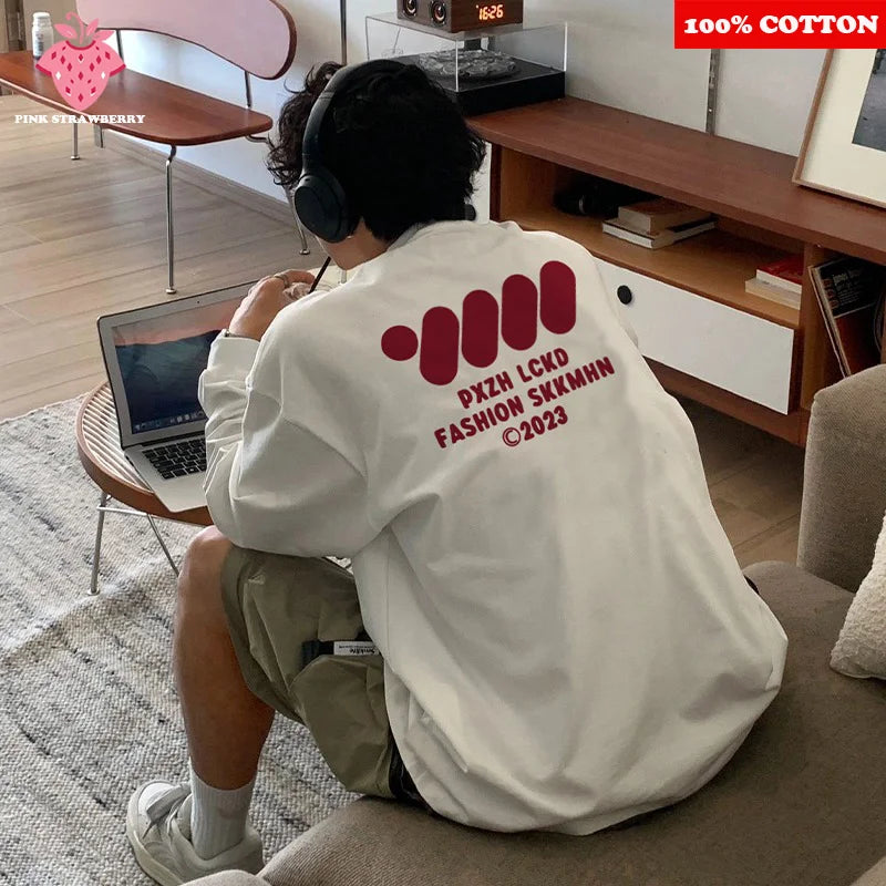 American Casual White T-shirt Men's Autumn 2025 New 100% Cotton Oversize Long sleeved Sports Gym T-shirt Y2k Tops Men clothing