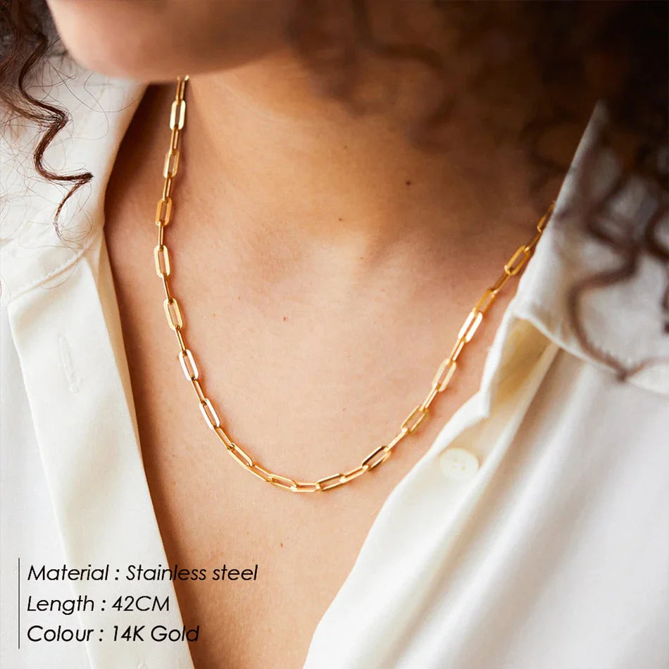 eManco  Hot Fashion Paperclip Link Chain Women Necklace Stainless Steel Gold Color Chain Necklace For Women Men Jewelry Gift