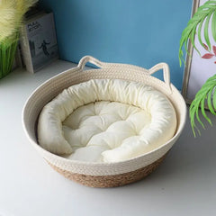 Rattan Woven Pet Cat Bed With Cushion Soft Warm Comfortable Sleeping Basket