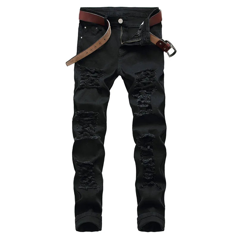 Men's White Jeans Fashion Hip Hop Ripped Skinny Men Denim Trousers Slim Fit Stretch