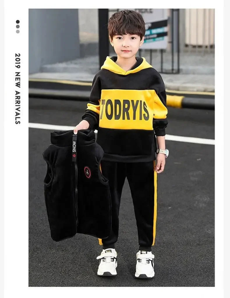 2023 winter Boys tracksuit Autumn Toddler Teenager Clothes vest velvet jacket + Sweatishrt hooded + Pant Children Kids 4 12 year
