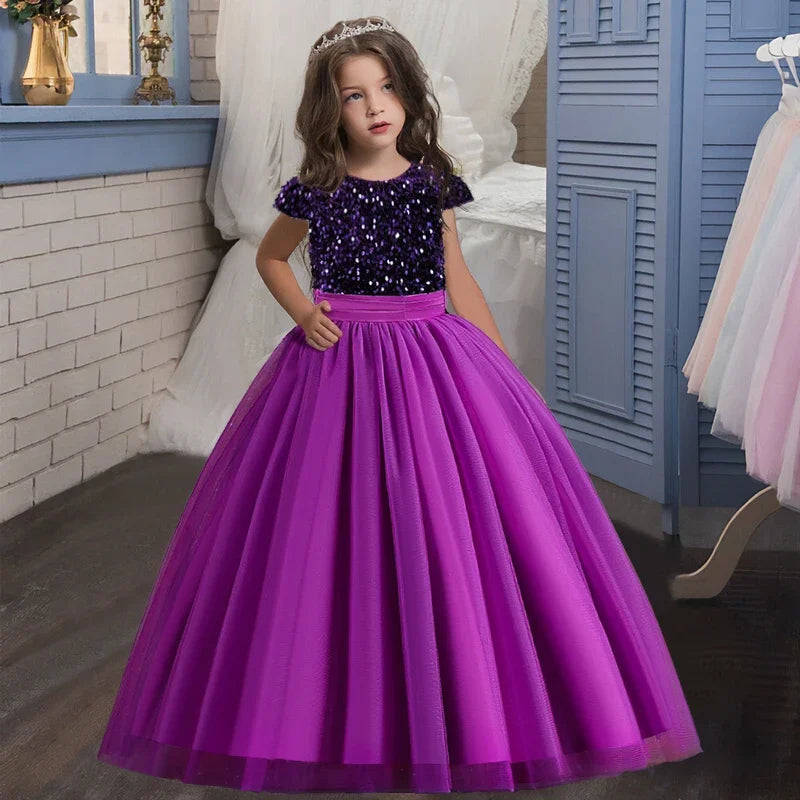 Embroidery Elegant Kids Dresses for Girls Wedding Children Bow Bridesmaid Prom Long Gown Princess Birthday Party Vestidos 3-10 Y