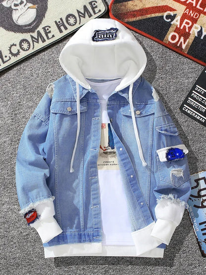 Men's Fall Hooded Denim Jacket Trend Slim Handsome Fall/Winter Baseball Jacket