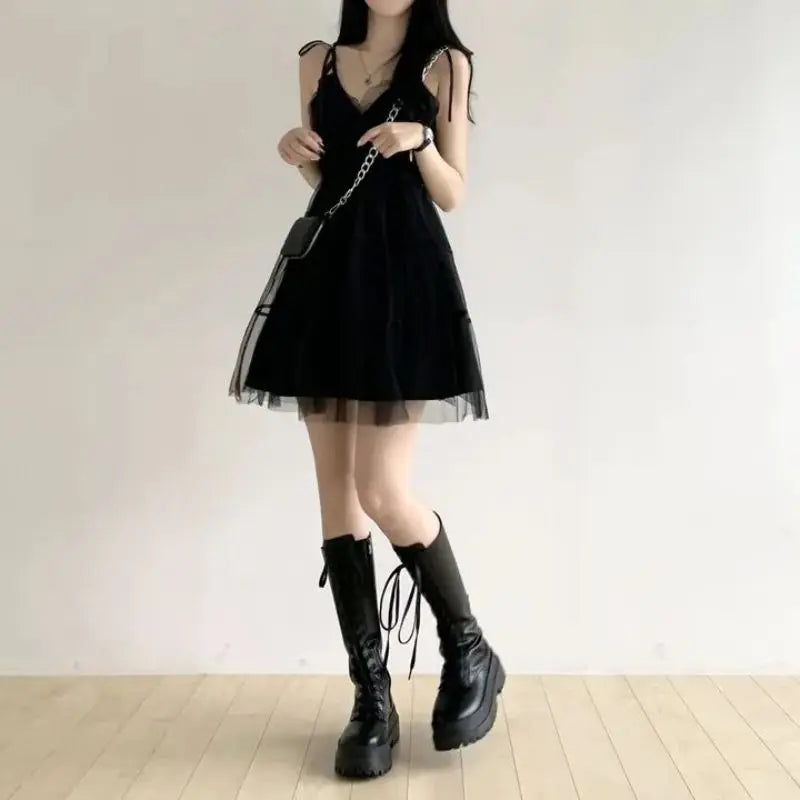 REALEFT Summer Y2k Black Mesh Women's Ball Gown Dresses 2025 New Sleeveless Strapless V-neck Party Sexy Mini Dress for Womens