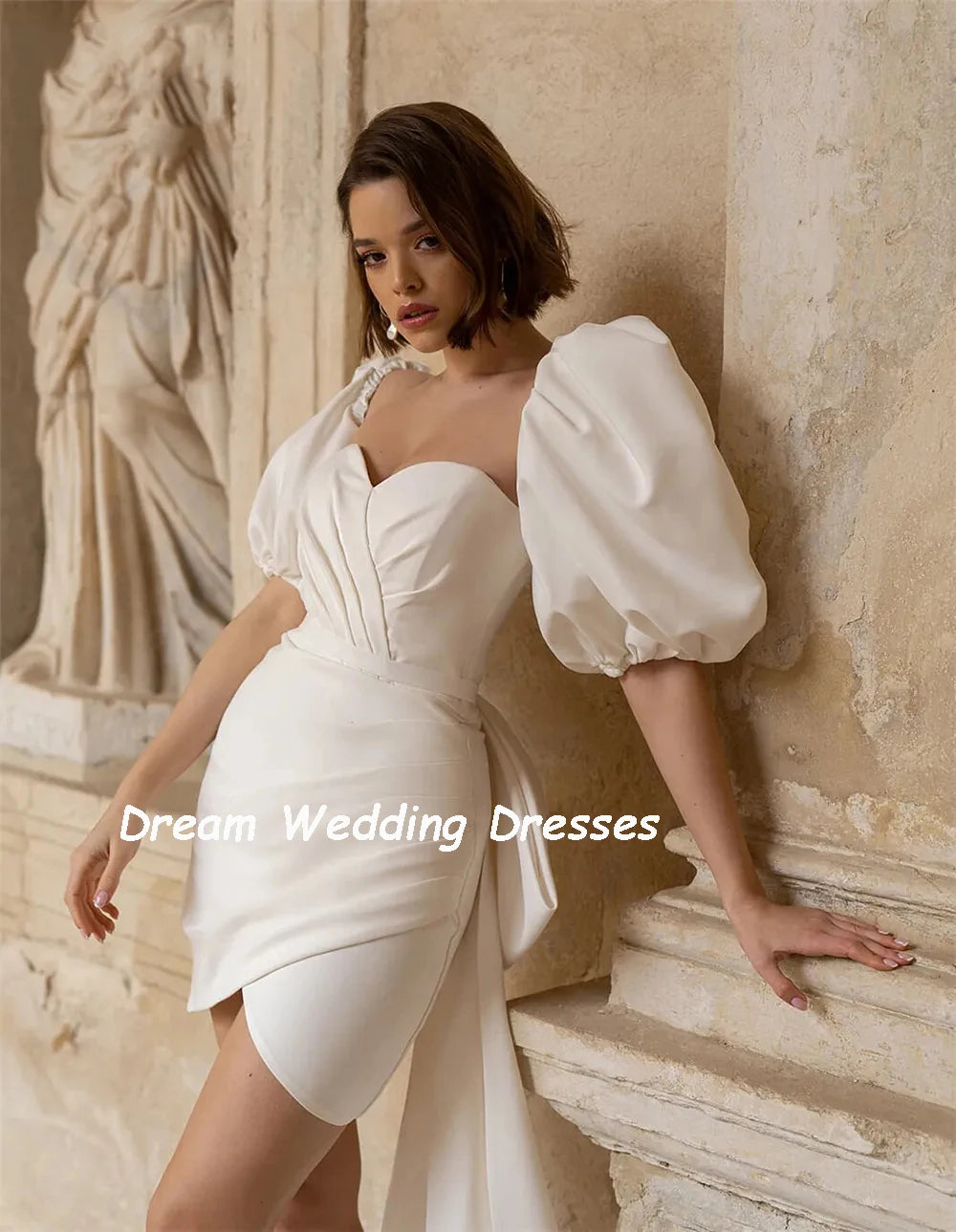 White Bridesmaid Dresses: Short Mini Mermaid Wedding Dresses Big Bow Half Puff