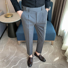 Fashion Mens Suit Pants High-waist Solid Color Business Slim Fit Formal Wedding Social Dress