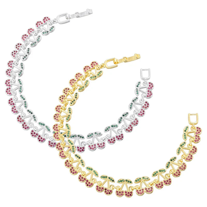 ZHUKOU Korea Fashion Red Cherry Zirconia Bracelet Women's Dopamine Style Jewellery Party Accessories:VL639