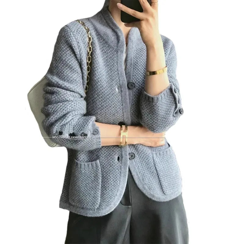 Autumn Winter Thickened 100% Cashmere Wool Cardigan Women Stand Neck