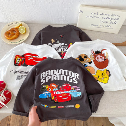 Fashion New Cartoon Car Boys Long Sleeved T-shirts Tops Crewneck Printed Loose Casual Kids Base Shirts Children's Clothes Blouse