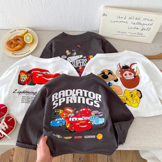 Fashion New Cartoon Car Boys Long Sleeved T-shirts Tops Crewneck Printed Loose Casual Kids Base Shirts Children's Clothes Blouse