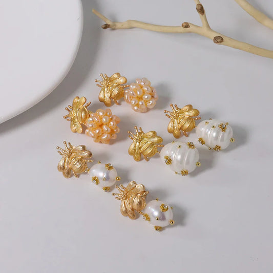 Bee And  With Natural Pearls Pearl Earrings 18K Gold Plated Jewelry Korean Designer Jewelry Earrings Gifts For Girlfriend