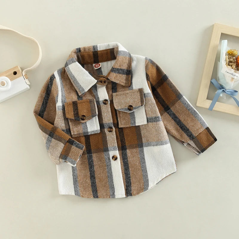 Toddler Baby Boy Girl Plaid Shirt Jacket Outfits Button Down Cardigan Kids Long Sleeve Coat Tops Fall Clothes